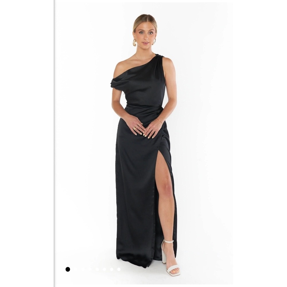Show Me Your Mumu Jodie Dress Black One Shoulder Satin Maxi Slit Size L‎